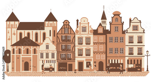 Illustrated European Cityscape with Buildings, Church, and Street Vendors in Brown and Beige Tones