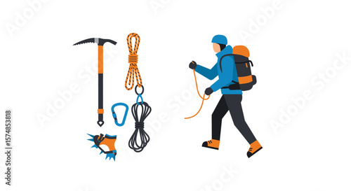 Mountaineering Equipment and Hiker: Ice Axe, Crampons, Ropes, and a Person with Backpack