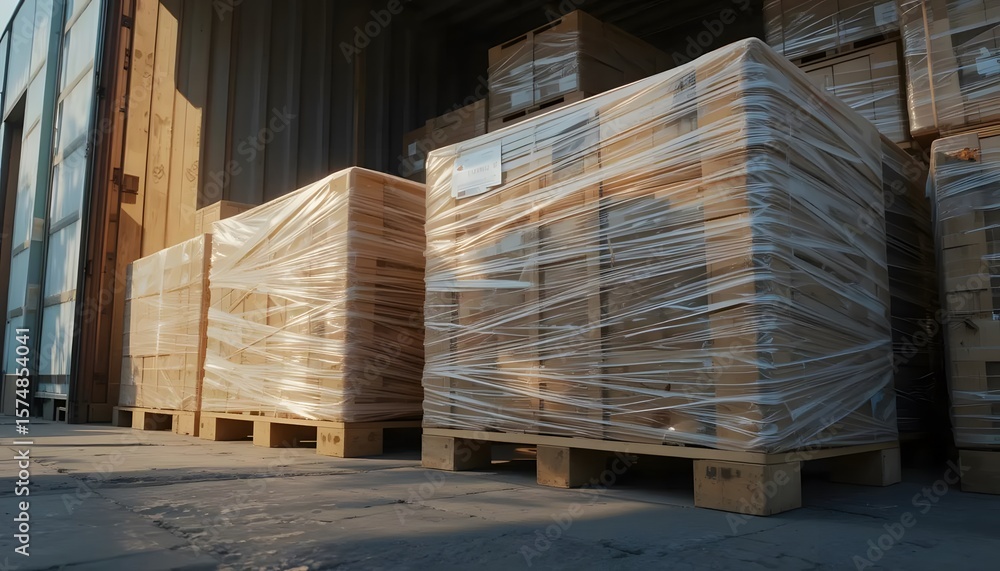 Wooden pallets and plastic-wrapped cargo Wooden pallets and plastic-wrapped cargo