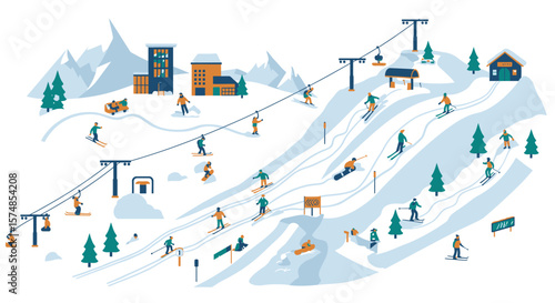 Winter Ski Resort Scene with Skiers, Snowboarders, and Lift