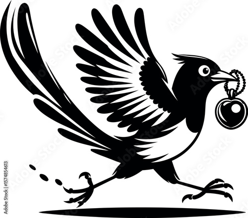 Artistic Magpie Silhouette Holding Trinket Perfect for Stickers Posters and Apparel.