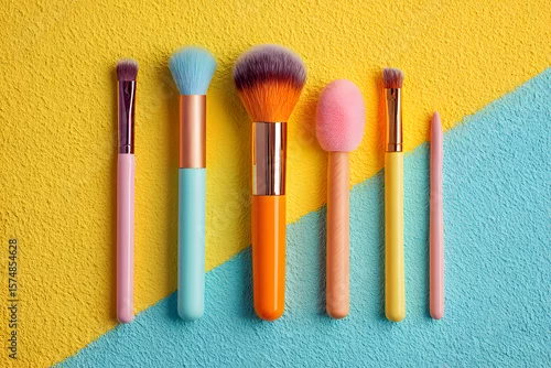 Obraz A flat lay top down view of 5 makeup brushes