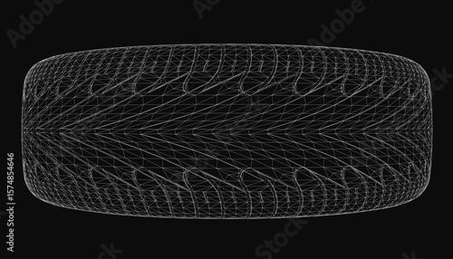 Black and white line drawing of a car tire with detailed tread pattern stands out against a dark background, viewed from above. The stark contrast emphasizes the tire's circular shape and intricate.