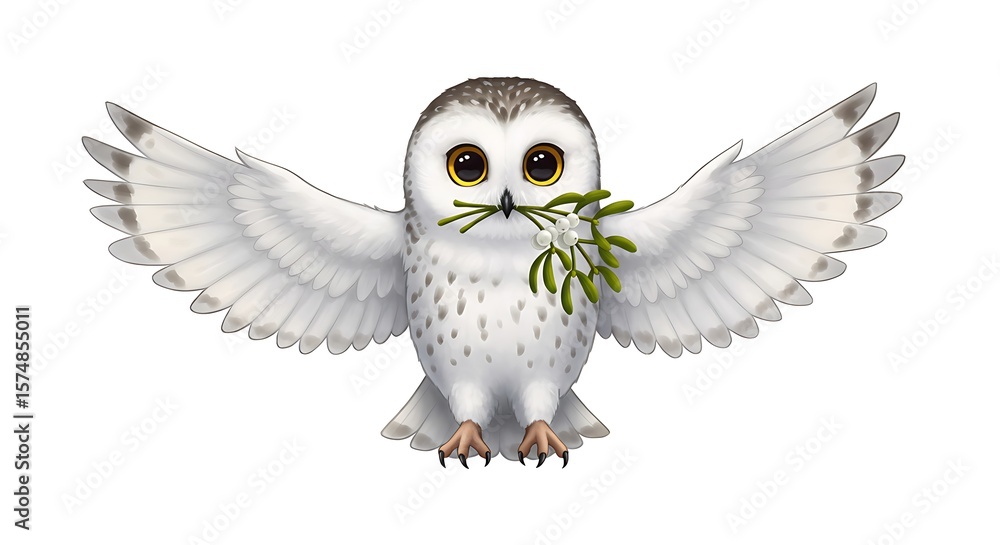 Obraz premium Cartoon realistic snowy owl flapping its wings gently while holding mistletoe in its beak, white background