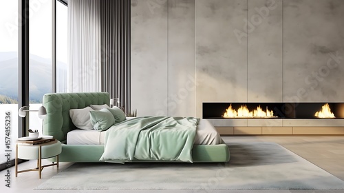 Elegant mint and stone-colored luxury bedroom, seamless concrete wall, layered rugs and velvet accents for plush visual depth