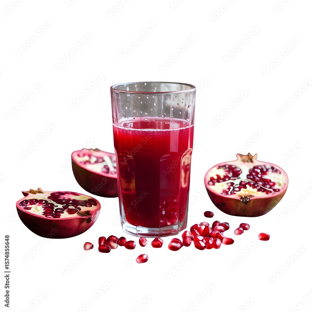 Glass of Fresh Pomegranate Juice with Pomegranate Halves and Seeds on Black Background
Glass of Fresh Pomegranate Juice with Pomegranate Halves and Seeds on Black Background