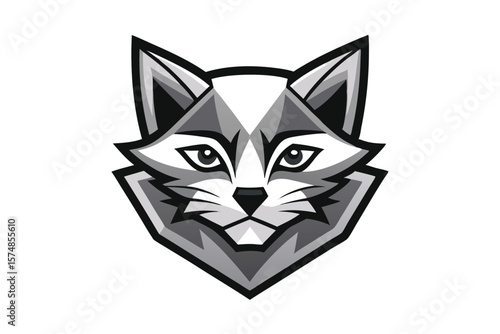 A grayscale wolf head illustration with pointy ears looks fiercely forward on a white background