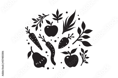Black silhouette of fresh fruits and vegetables with leaves and dots