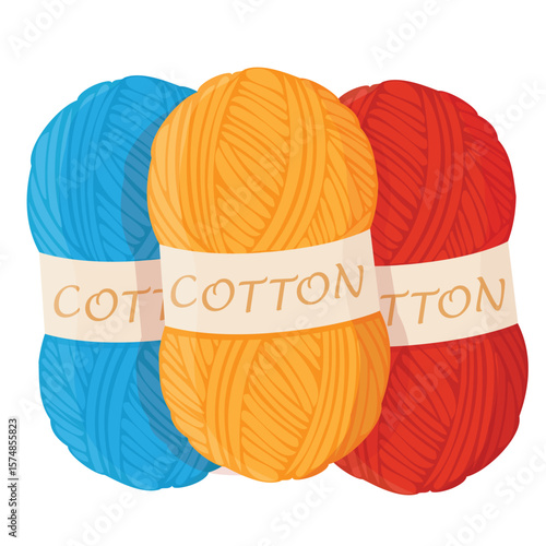 Red, blue and orange cotton yarn balls and skeins isolated on white background
