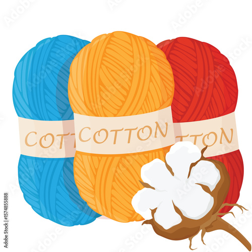 Red, blue and orange cotton yarn balls, skeins and fluffy blooming flower of white cotton
