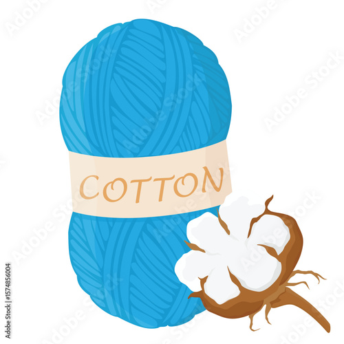 Blue cotton yarn ball, skein and fluffy blooming flower of white cotton