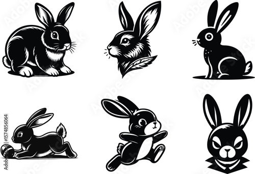 Collection of black and white rabbit illustrations perfect for Easter or other projects