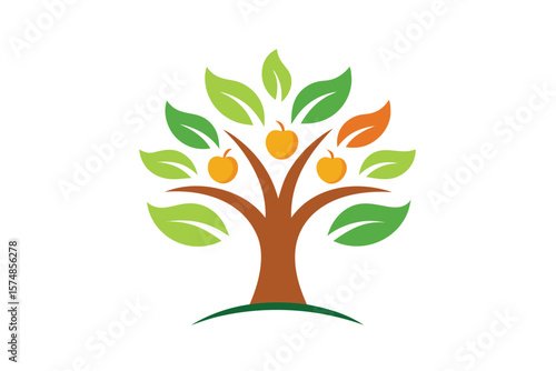 Stylized fruit tree with orange fruits and green leaves
