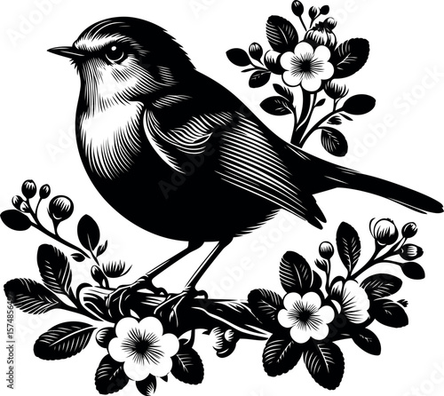 Elegant Robin Silhouette on Blooming Branch