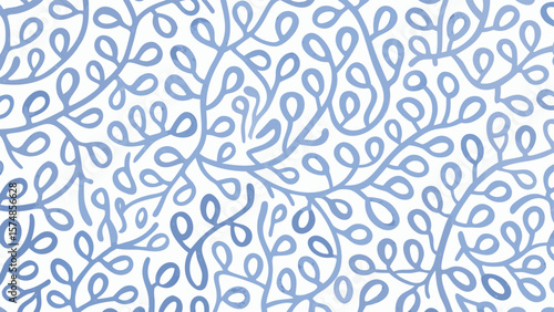 Seamless pattern of light blue vines and leaves on a white background creating a floral design look