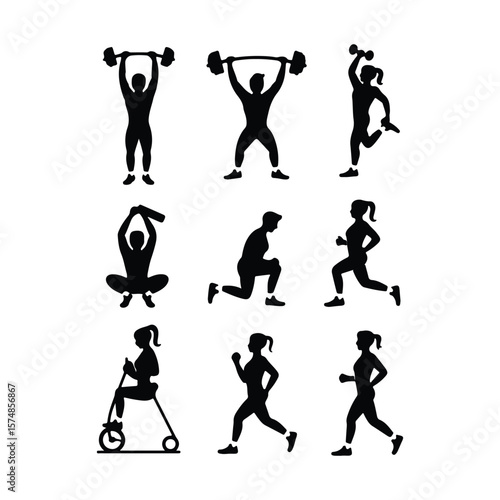 Fitness activity silhouettes of men and women exercise