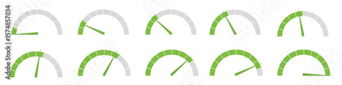 Speedometer gauge meter icon set for infographic. Speed indicators, performance levels, risk gauges and score progress scales