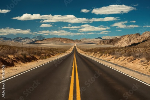 Endless desert highway under a vast blue sky with scattered clouds
