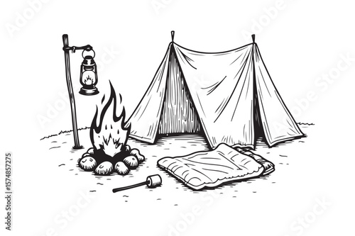 Cozy campsite scene with tent campfire lantern and sleeping bag