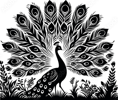 Graceful Peacock Spreading Its Feathers Silhouette in Garden Perfect for Home Decor.