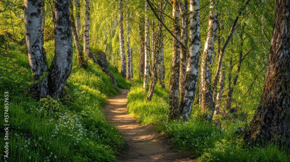 Sunlit path winds through birch forest, lush green vegetation Sunlit path winds through birch forest, lush green vegetation