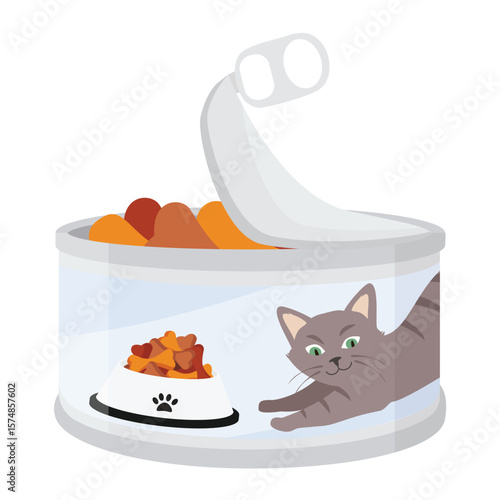 Tin can with wet cat food. Pet food container for cats and kittens