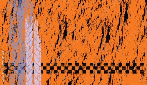 Grunge Racing Background with Tire Tracks and Checkered Flag Elements