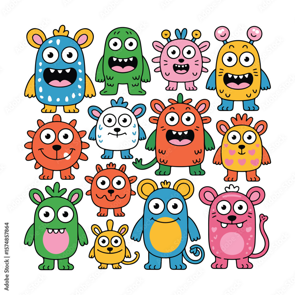 Fototapeta premium Group of colorful cartoon monsters with big eyes and smiles 1