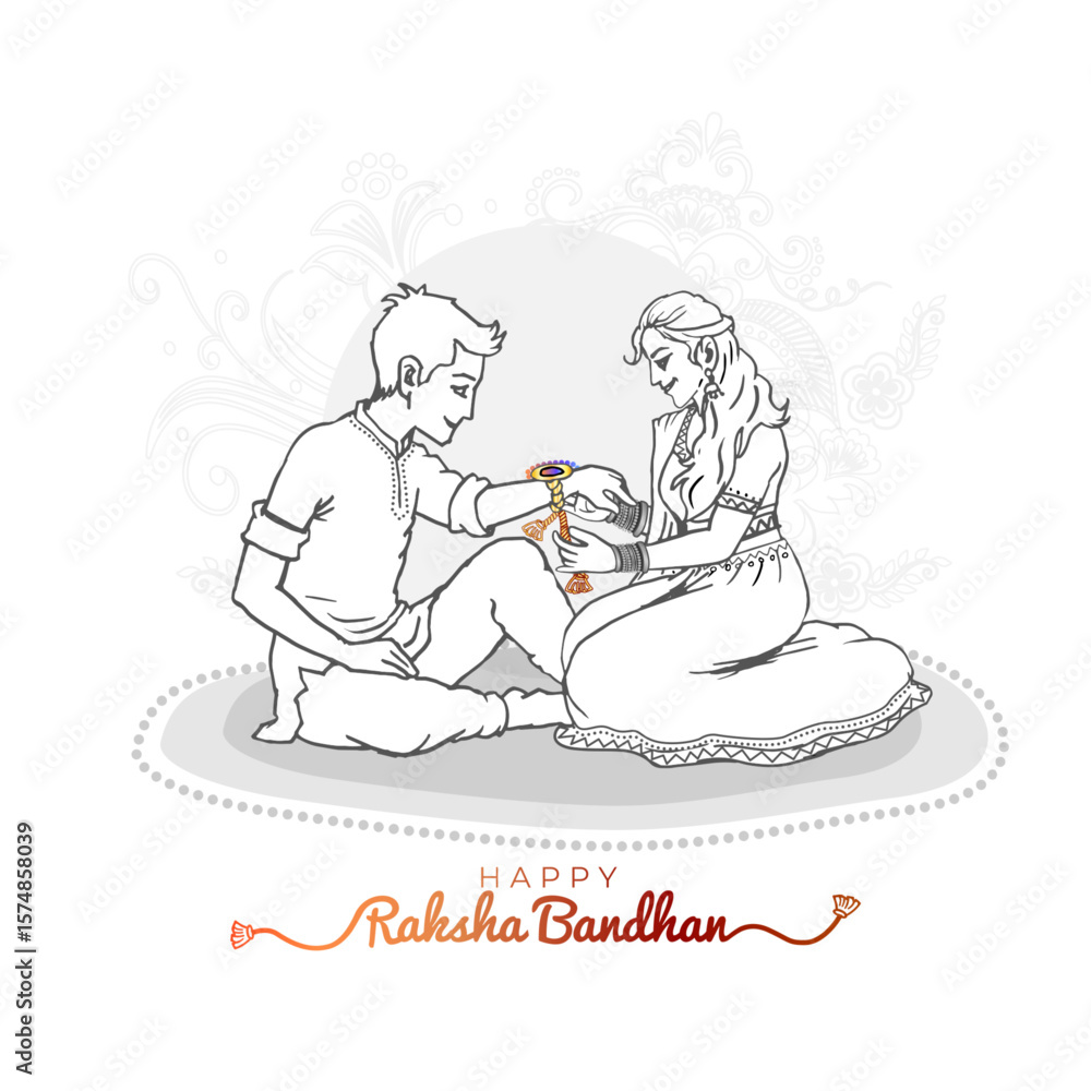 Obraz premium Indian festival Happy Raksha Bandhan or Rakhi. Sister tie rakhi to brother hand drawing isolated on white background.