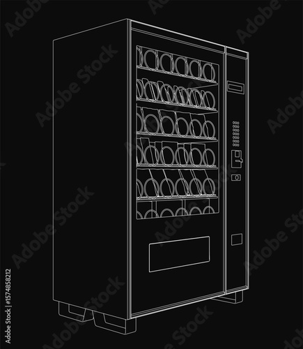 A sleek black and white 3D model of a modern beverage vending machine stands out against a dark background. The detailed drawing features clear compartments for snacks and drinks.