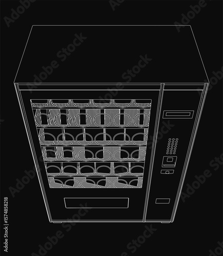 A sleek black and white vending machine stands out against a dark background, featuring a digital display and multiple buttons. The modern design includes a top handle for easy access and a side.