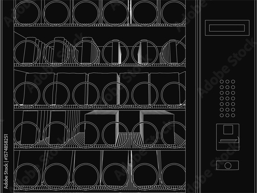 A sleek black and white vending machine features circular designs and modern buttons on the right side. The minimalist drawing highlights a snack dispenser with clean lines and geometric details.