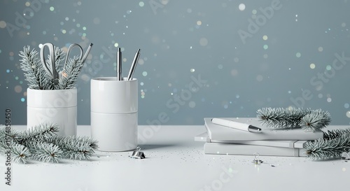 Stylish Workspace with White Office Supplies and Pine Sprigs