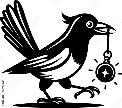 Mysterious Magpie Carrying Shiny Treasure Silhouette for Gothic Nature Decor and Crafts.