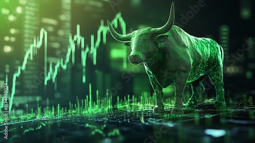 Digital green bull symbolizing market growth positioned near stock price chart photo