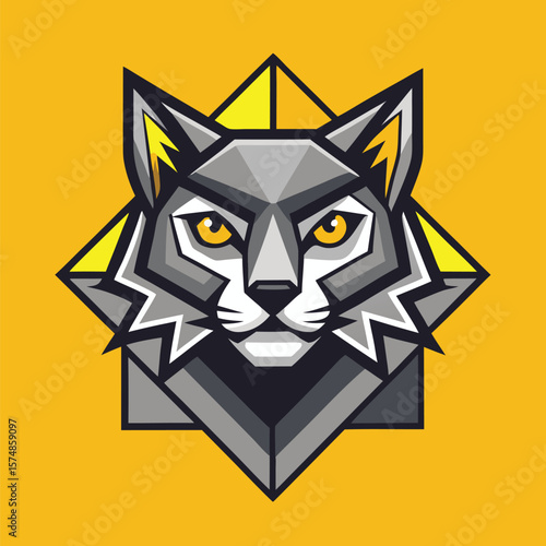 Geometric gray wolf head on a golden background stares forward intensely with yellow eyes