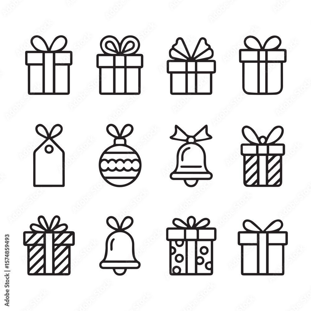 Naklejka premium A festive collection of gift boxes with ribbons, a tag, a bell, and a christmas ornament