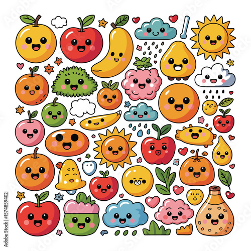 Kawaii fruits and weather elements with happy faces