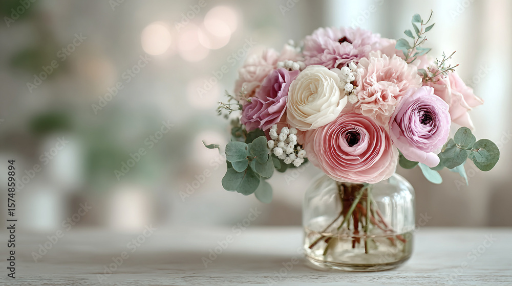 Fototapeta premium A delicate bouquet of pink and white flowers in a clear glass vase on a blurred background indoors scene