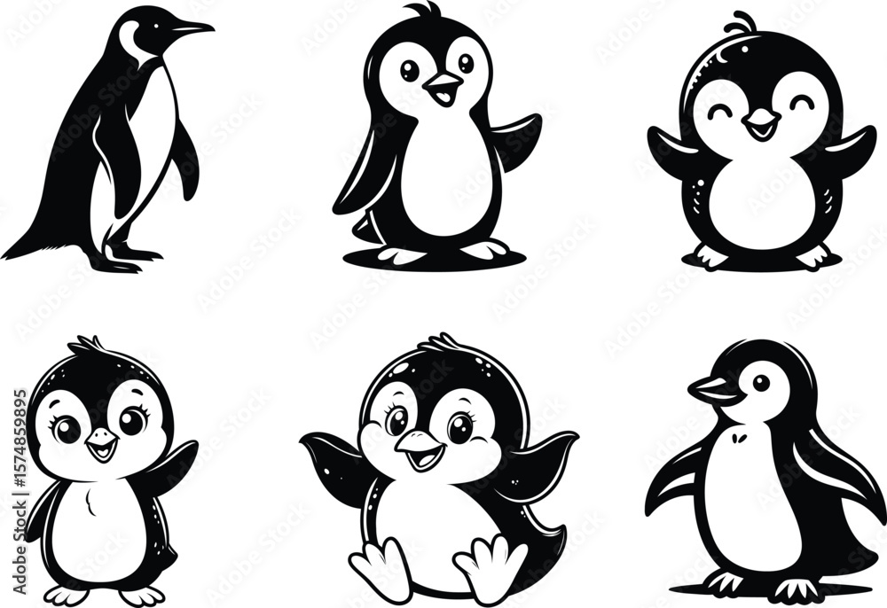 Obraz premium Penguin Silhouette set Artwork for Winter Decor Kids Room Prints and Nature Inspired Crafts 