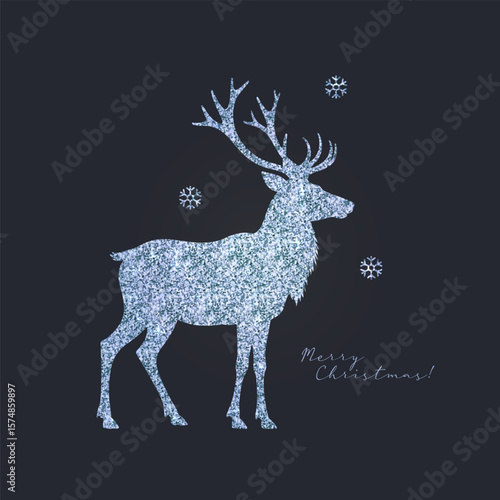 Greeting card foe Christmas with silver deer silhouette decoration element with glittering texture. Vintage minimalistic vector illustration.