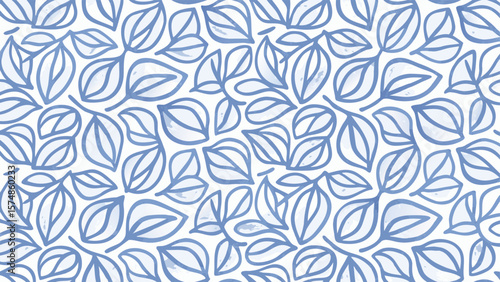 Seamless pattern of blue outlined leaves scattered across a white background creating a floral design