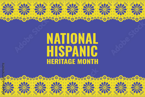 National Hispanic Heritage Month. Vector banner with colorful lacy floral ornament in yellow on blue background and text.