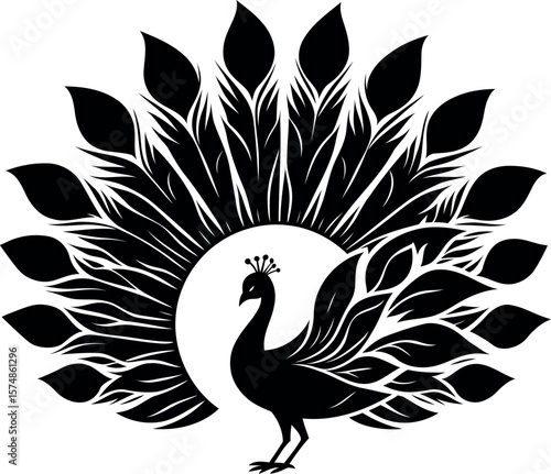 Stunning Peacock Silhouette Spreading Feathers in a Lush Garden for Elegant Wall Art.