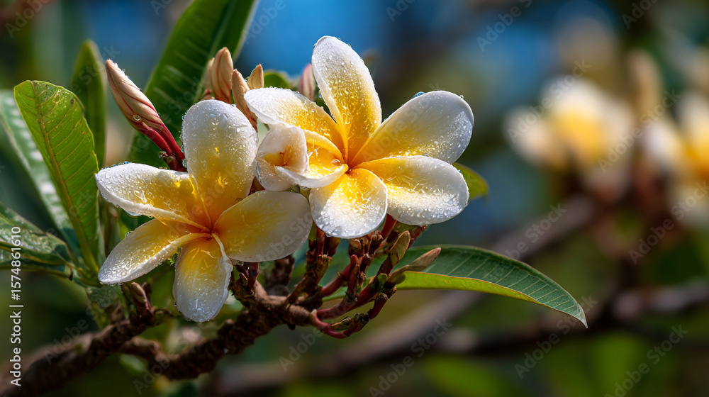 Fototapeta premium Close up of white and yellow plumeria flowers with water droplets on petals and green leaves around
