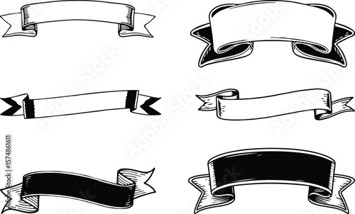Vector art of a collection of six handdrawn vintage banners and ribbons in black and white