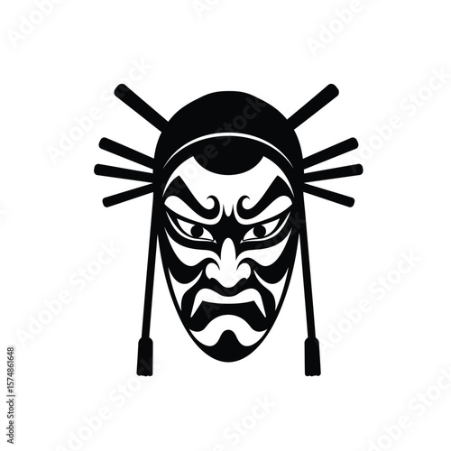 Black silhouette of a Japanese kabuki mask icon theatre