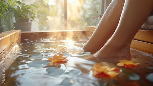 Bare legs soaking in a wooden tub with flower petals and steam rising in soft sunlight at a relaxing home spa