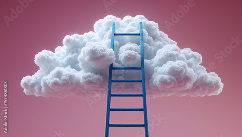 Blue ladder leading to white fluffy cloud on pink background