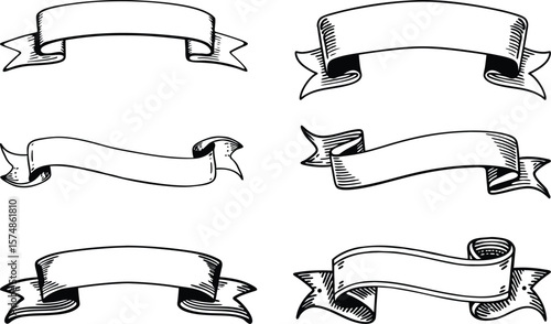 Vector art of a collection of six handdrawn vintage banners and ribbons in black and white
